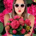 Frau mit Artikel Ballhortensie in Pink